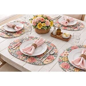Vintage Floral Oval Placemats Set 5 Cottagecore Shabby Chic Garden